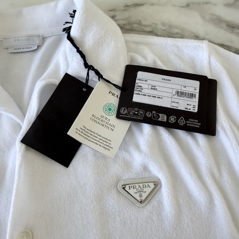 Prada White Terry Cloth Logo Button Down Shirt UJN850 Bianco XL